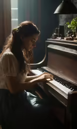 young woman sitting at an old fashion piano