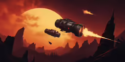 two alien ships flying through an orange sky