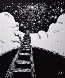a ladder to the stars above some trees,the stairs are ascending toward the stars in the sky