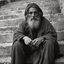 a homeless man sits on the steps outside