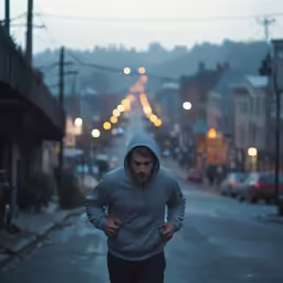 man running on city street at night during rain