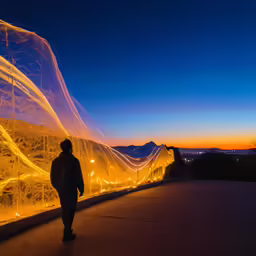 a man looks down a wall covered in lights
