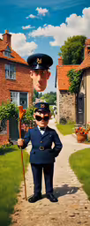 two large men stand in front of an image of house,a big blue cop and another brown cop