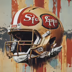 a painting of an old football helmet painted gold