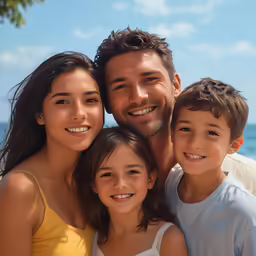 a man standing between two girls and a boy
