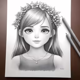 a drawing of a young girl with a floral crown around her head