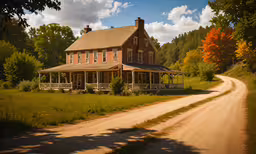 a rural home with an open field in front of it,a large red house on a gravel road