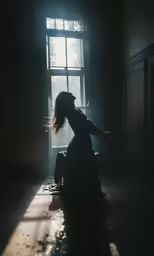 a woman sitting next to a window at night