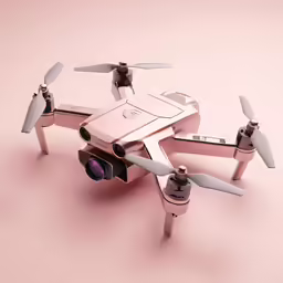 a pink quad quadcopte with an extra wide angle, flying sideways, on a light pink background