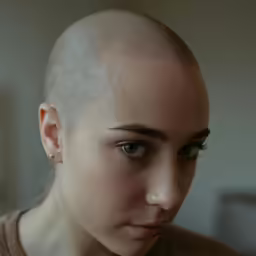 a young woman with balding hair looking into the distance
