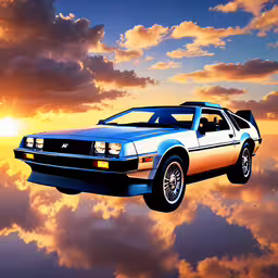 a picture of a car flying through the sky,an old car in the air against a sunset