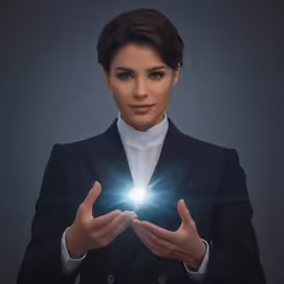 a woman wearing a suit holding a glowing ball in her hands