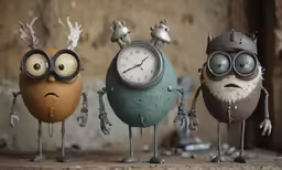 three cartoon figures with a clock and crown are standing in front of a dirty wall