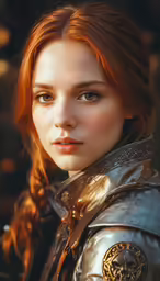 an elf with long red hair standing next to a forest