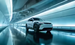 a car drives down a road in a tunnel