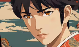 a anime man staring at the camera while wearing a kimono,a man that is standing in front of a poster