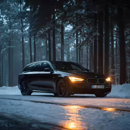 a bmw x5 driving down the road in the snow
