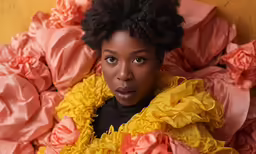 a girl is posing for a picture while covered with pink, yellow and red satin