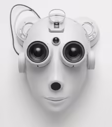 a mouse mask with big eyes and a large pair of speakers