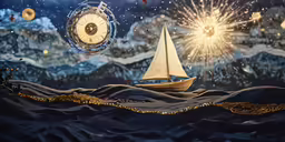 a small boat floating on a body of water near a clock
