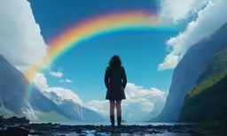 a woman looks out into a rainbow
