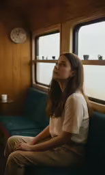 a woman sitting on a bench looking out the window