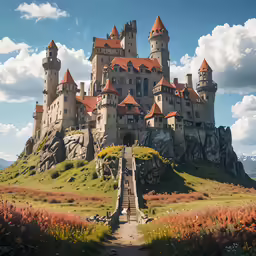 an old castle built over a hill by flowers
