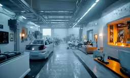 a factory that has some couches, chairs and cars