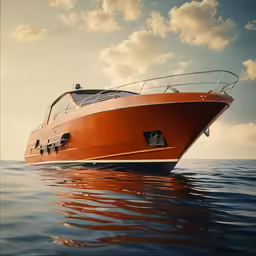 a small red boat is in a body of water
