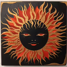 a sun painting with gold and red paint