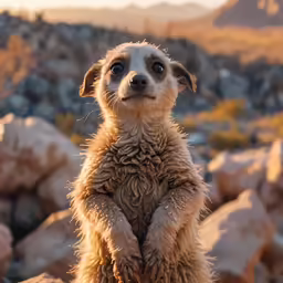 a very cute small dog standing on top of some rocks