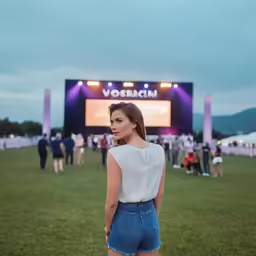 the back view of a woman in high - waisted blue jean shorts and white top