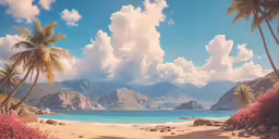 a painting of palm trees and water with the sun on the mountains behind it