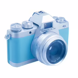 a blue and white camera with a blue lens