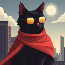 a black cat wearing shades and red scarf