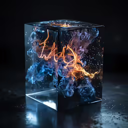 a square cube shaped vase with fire in the center