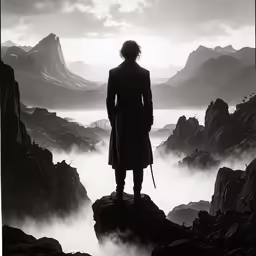 a man standing on top of a mountain next to a fog filled valley