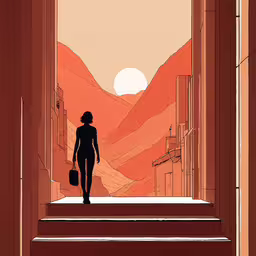 a woman is walking up a flight of stairs,a cartoon depicting the silhouette of a woman walking up steps