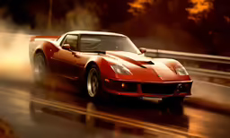 a red sports car driving down the street at dusk