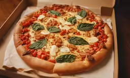a pizza with basil, tomato sauce and mozzarella in a pizza box