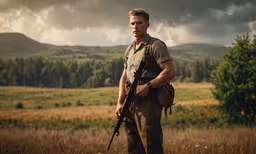 a man is holding a rifle while posing,a man holding an automatic rifle on a field
