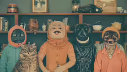 four people and cats sitting in front of bookshelves