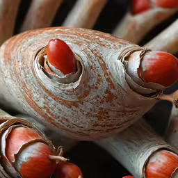 a pile of unpeeled red fruits on top of each other