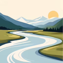 a water valley with the sun rising behind some mountains