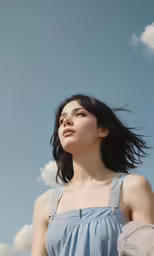 a woman in blue dress standing under a cloudy sky