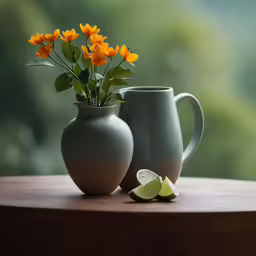 two vases with orange flowers in them on a table