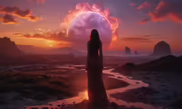 a girl looks up at the sky and a giant moon