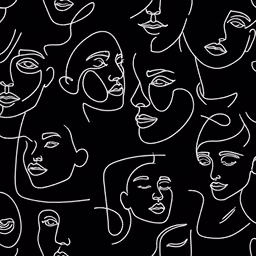 a number of white and black face drawings
