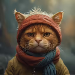 an orange cat wearing a hat and scarf