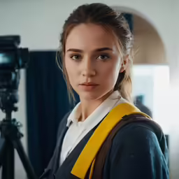 a woman standing next to a tripod with a camera